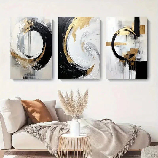 3pcs Black White and Golden Swirl Design Metal Print Ready to Hang Art