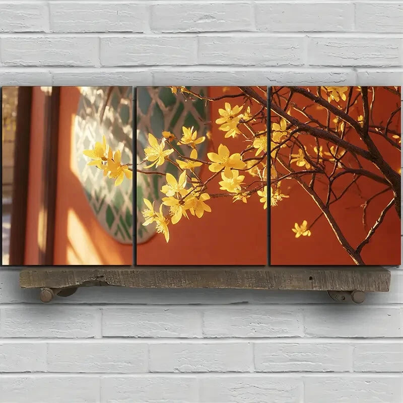 3pcs Osmanthus Tree In Front Of The Red Metal Print Ready to Hang Art