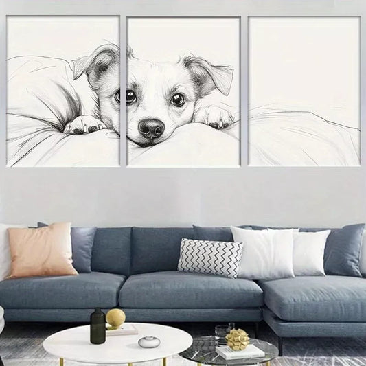 3pcs Adorable Puppy Black and White Sketch Wall Art Set Canvas Framed 50x70cm - High Quality Print 100% Australian Made Wall Canvas Ready to Hang