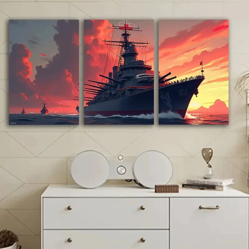 3pcs Warships At Sea Wall Art Set Canvas Framed 60x90cm - High Quality Print 100% Australian Made Wall Canvas Ready to Hang