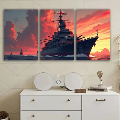3pcs Warships At Sea Wall Art Set Canvas Framed 60x90cm - High Quality Print 100% Australian Made Wall Canvas Ready to Hang