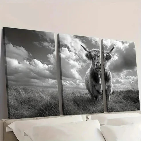 3pcs Black & White Rustic Cow DE Wall Art Set Canvas Unframed - High Quality Print 100% Australian Made Wall Canvas