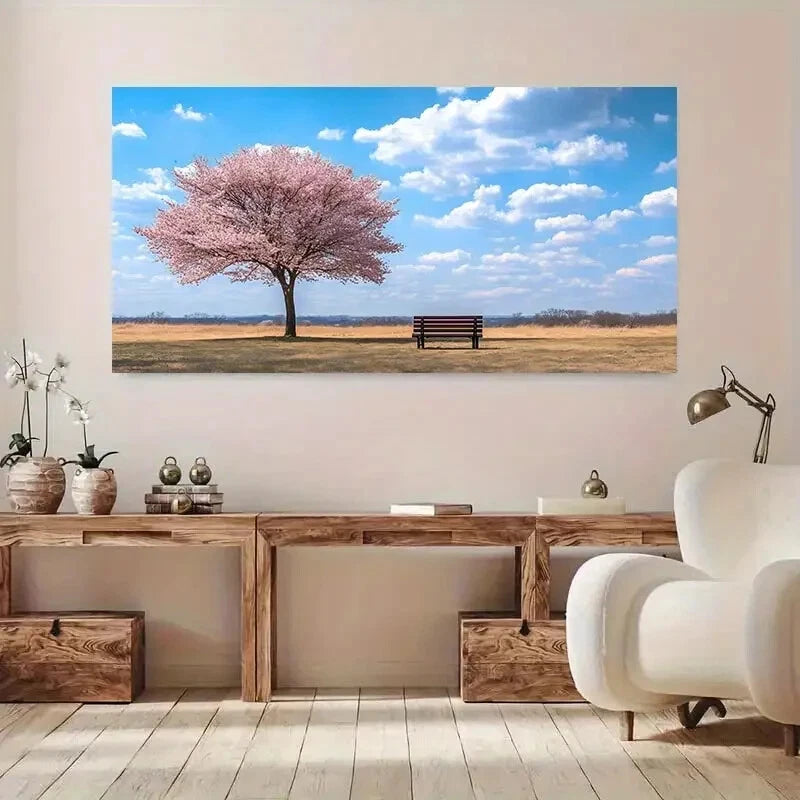 Cherry Blossom Bench Sky wall canvas office home room framed 120x60cm - Bella Home Decor