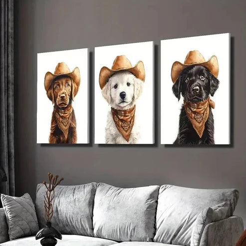 3pcs Dog Wearing a Cowboy Hat Decoration Wall Art Set Canvas Unframed - High Quality Print 100% Australian Made Wall Canvas
