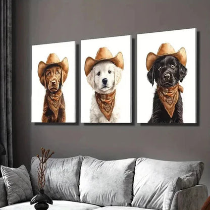 3pcs Dog Wearing a Cowboy Hat Decoration Wall Art Set Canvas Unframed - High Quality Print 100% Australian Made Wall Canvas