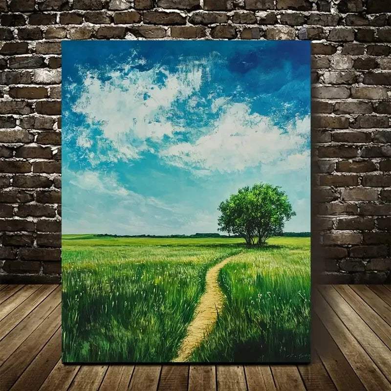 Serene Green Grassland with Lone Tree Painting 40x60cm Metal Print Ready to Hang