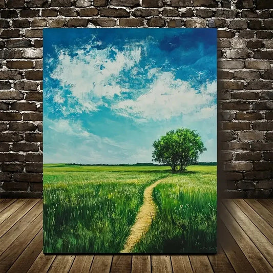 Serene Green Grassland with Lone Tree Painting 40x60cm Metal Print Ready to Hang