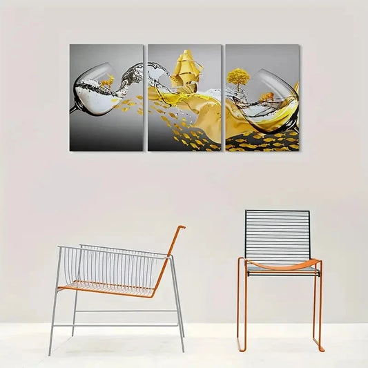 3pcs Wine Glass Splash with Golden Fish Tree Ship Metal Print Ready to Hang Art
