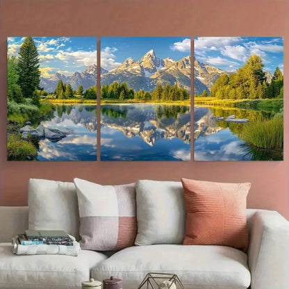 3pcs Grand Teton Reflection Mountain & Lake View Wall Art Set Canvas Framed 50x70cm - High Quality Print 100% Australian Made Wall Canvas Ready to Hang