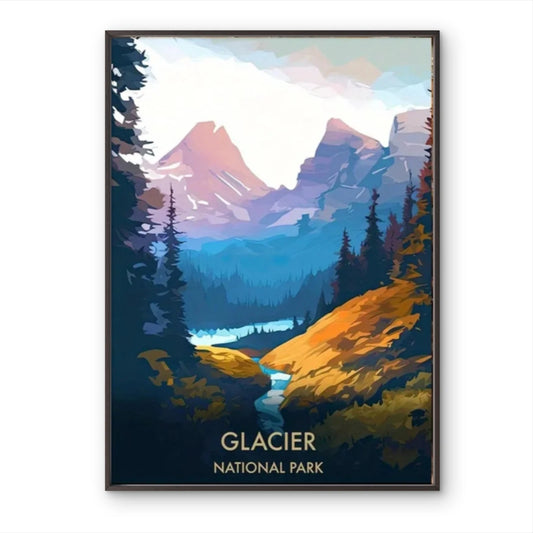 Glacier National Park Vibrant Mountain, Lake Travel Poster Print Wall Art