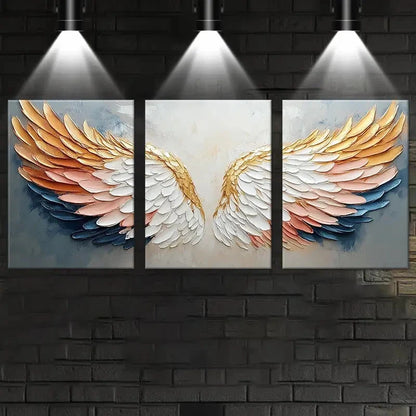 3pcs Angel Wings Golden and white Feather Design Metal Print Ready to Hang Art