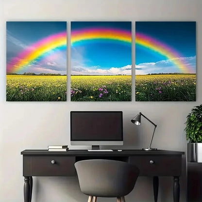 3pcs Vibrant Rainbow Field Spring Landscape Metal Print Ready to Hang Art
