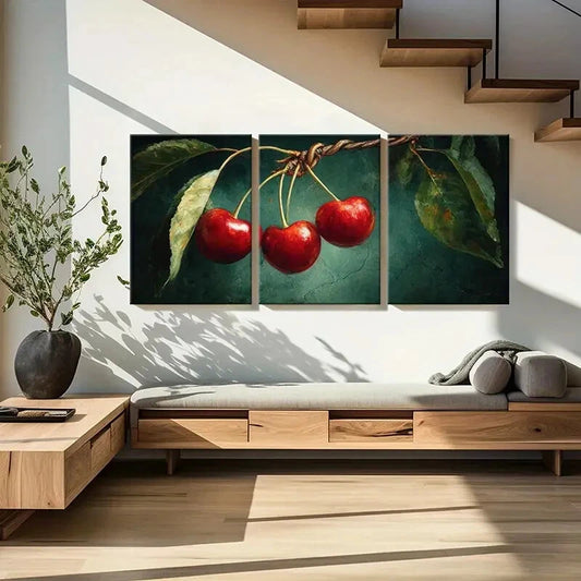 3pcs Artistic Vibrant Red Cherry Illustration Metal Print Ready to Hang Art