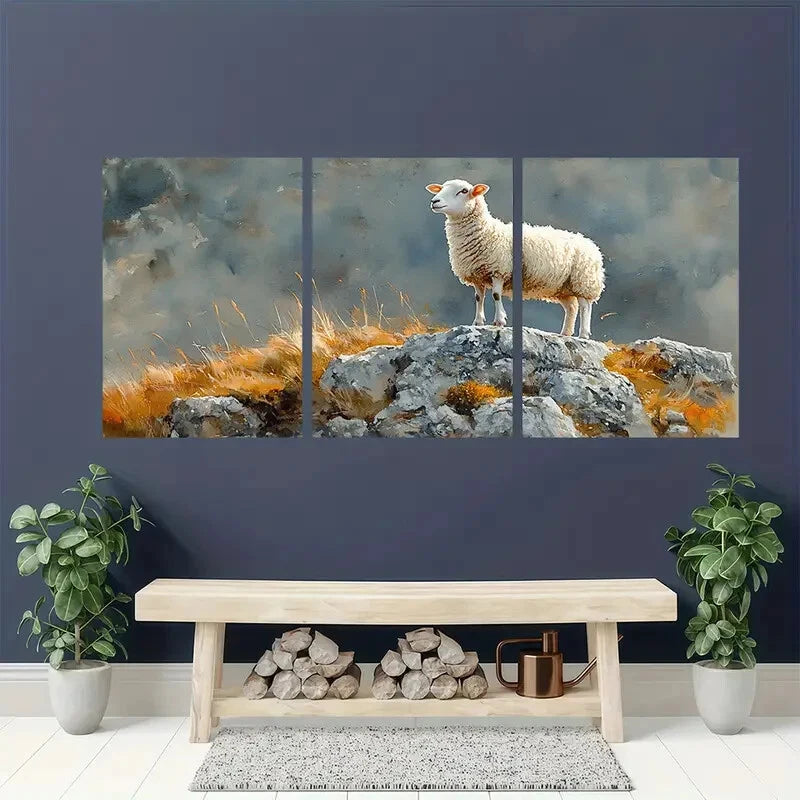3pcs Landscape Sheep Painting - Pastoral Metal Print Ready to Hang Art