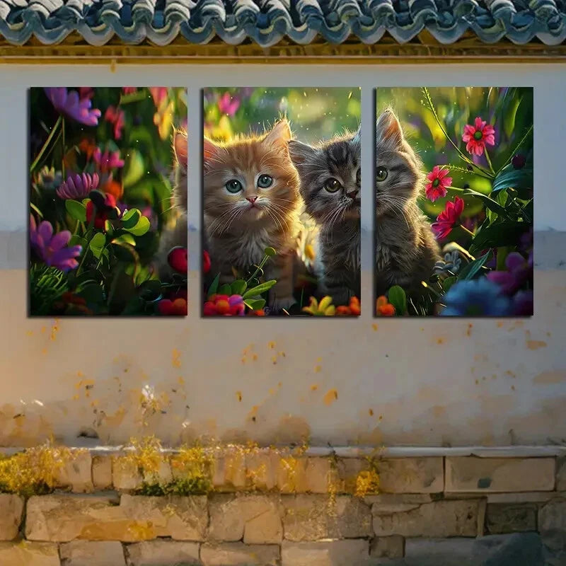 3pcs Adorable Cats in Garden Metal Print Ready to Hang Art