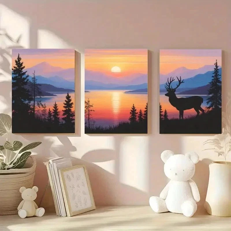 3pcs Deer Sunset Mountains Pine Trees Metal Print Ready to Hang Art