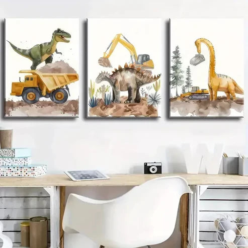 A set of three canvas framed prints featuring illustrations of dinosaurs with construction and excavation equipment, displayed in a room setting.