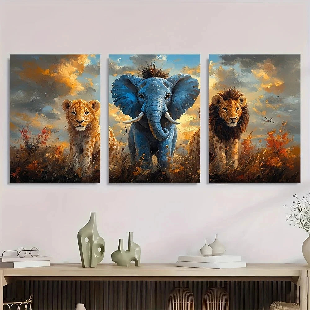 3pcs Vibrant Lion Elephant African Safari Metal Print Ready to Hang Art