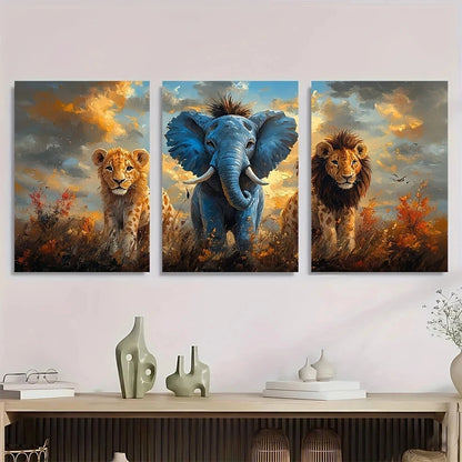 3pcs Vibrant Lion Elephant African Safari Metal Print Ready to Hang Art