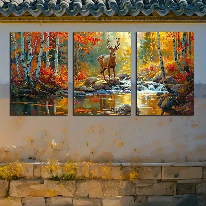 3pcs Autumn Forest Deer on the Lake Rock Metal Print Ready to Hang Art