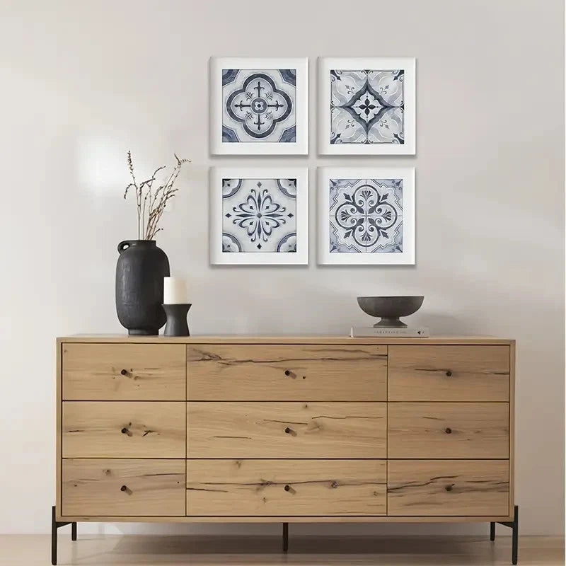 4pcs Blue & White Mediterranean Tile Wall Wall Art Canvas Framed