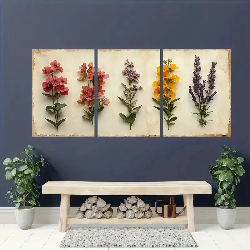 3pcs Rustic Wildflower Botanical Herbarium Design Metal Print Ready to Hang Art