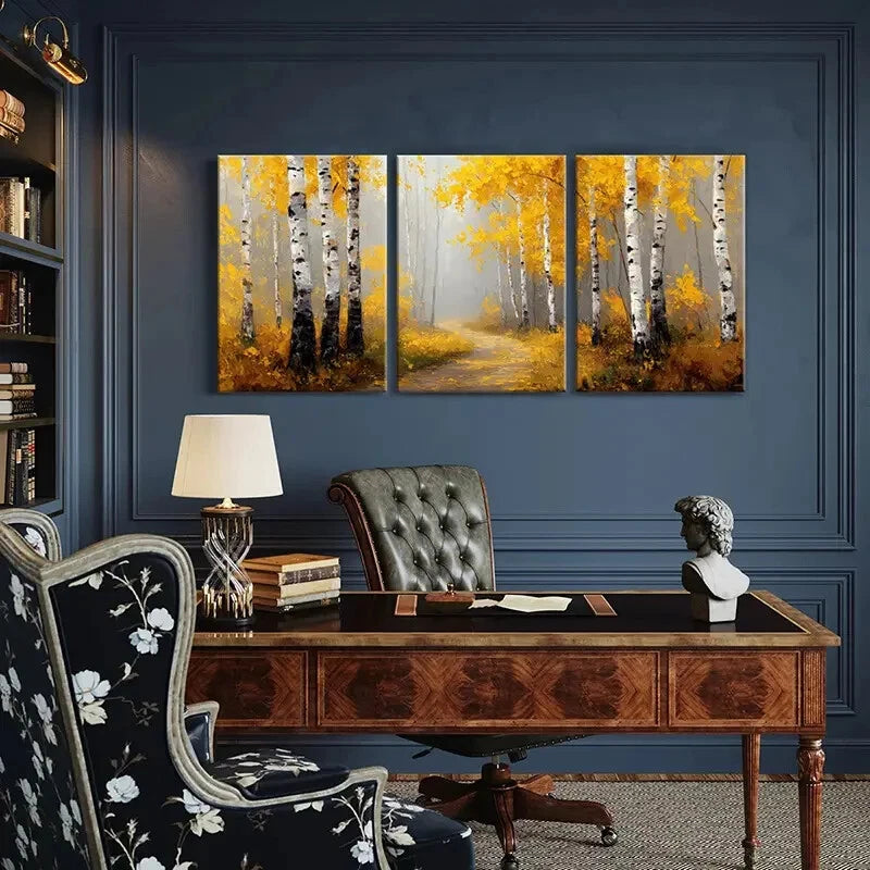 3pcs Autumn Birch Forest Pathway Warm Yellow Metal Print Ready to Hang Art
