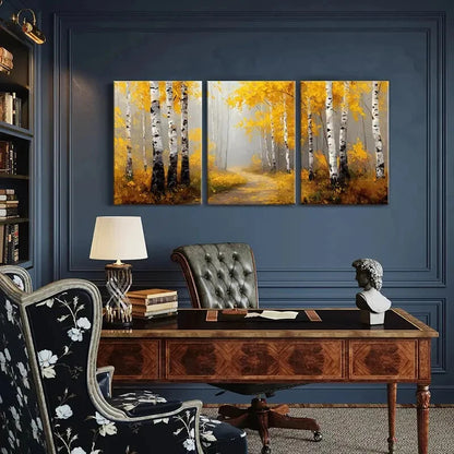 3pcs Autumn Birch Forest Pathway Warm Yellow Metal Print Ready to Hang Art