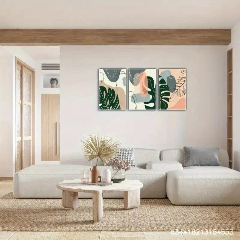 3pcs Modern Lines and Leaves Decorative Poster Metal Print Ready to Hang Art