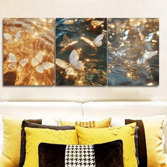 3pcs Luxurious Butterfly in the Water Metal Print Ready to Hang Art