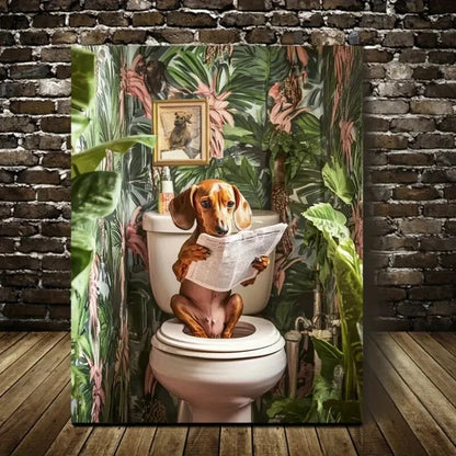 Cute Sitting Dog Reading Newspaper Painting 40x60cm Metal Print Ready to Hang