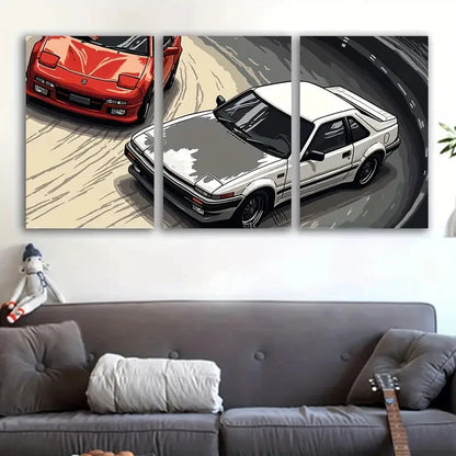 3pcs Vintage Cars in Action, Retro Wall Art Set Canvas Framed 60x90cm - High Quality Print 100% Australian Made Wall Canvas Ready to Hang