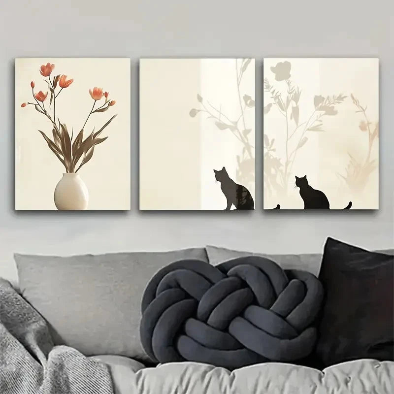 3pcs Charming Cat and Floral Wall Decor Metal Print Ready to Hang Art