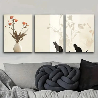 3pcs Charming Cat and Floral Wall Decor Metal Print Ready to Hang Art