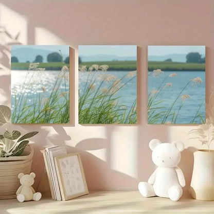 3pcs Reed Grass Blue Water Landscape Painting Metal Print Ready to Hang Art