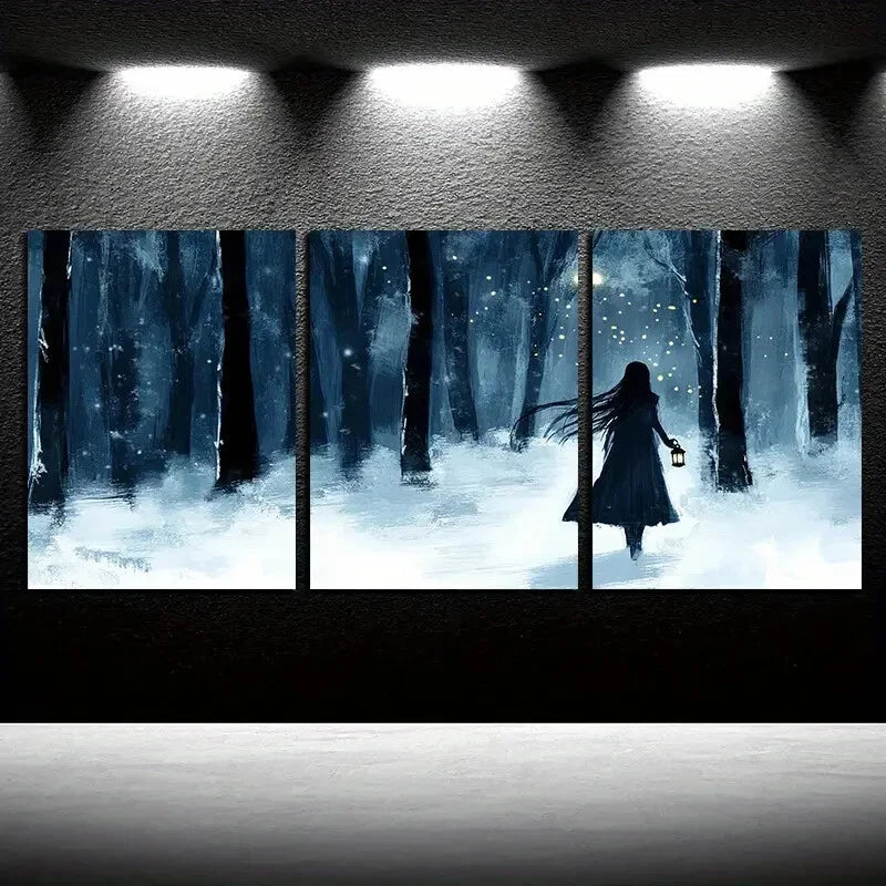 3pcs The Girl in the Forest Night Illustration Metal Print Ready to Hang Art