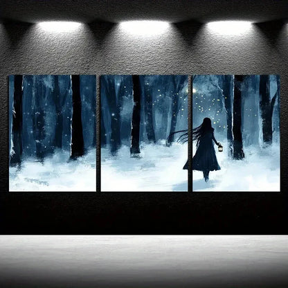 3pcs The Girl in the Forest Night Illustration Metal Print Ready to Hang Art