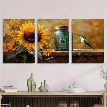 3pcs Sunflower Mason Jar Hummingbird Metal Print Ready to Hang Art