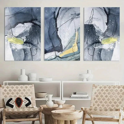 3pcs Gray with Bold Black & Yellow Accents Metal Print Ready to Hang Art