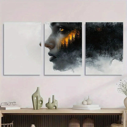 3pcs Abstract Woman with Forest Black & White Metal Print Ready to Hang Art