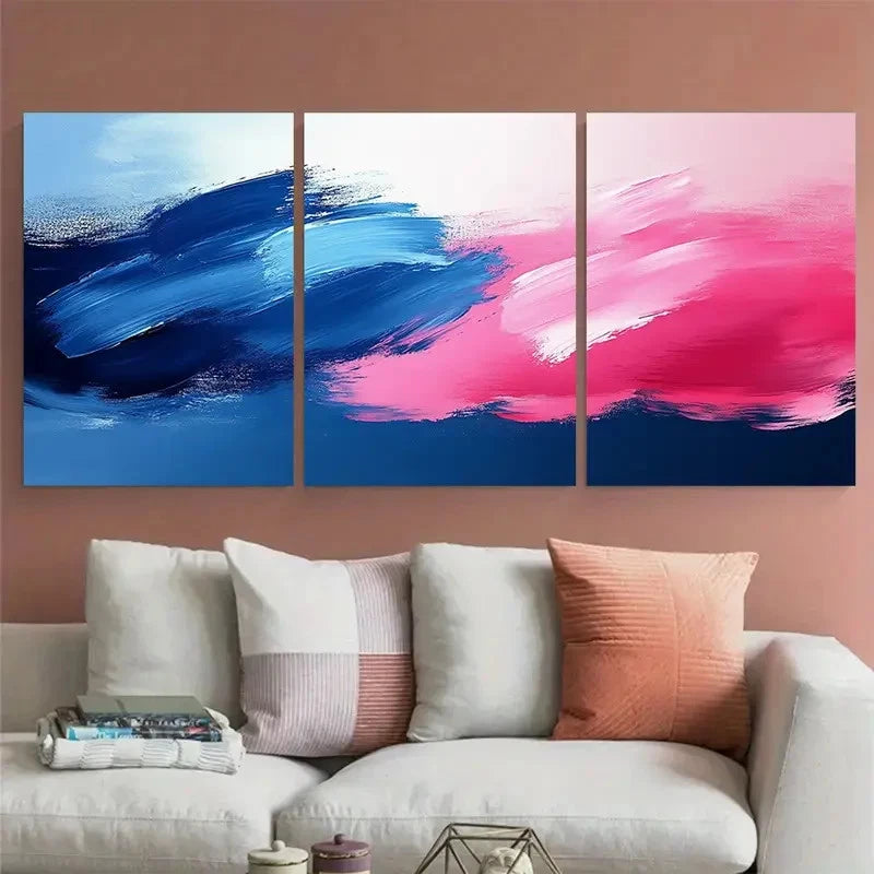 3pcs Abstract Blue Pink Brushstroke Design Metal Print Ready to Hang Art