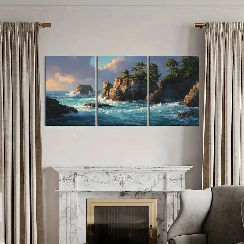 3pcs Serene Coastal Ocean Waves & Rocky Cliffs Metal Print Ready to Hang Art
