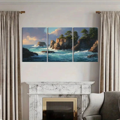 3pcs Serene Coastal Ocean Waves & Rocky Cliffs Metal Print Ready to Hang Art