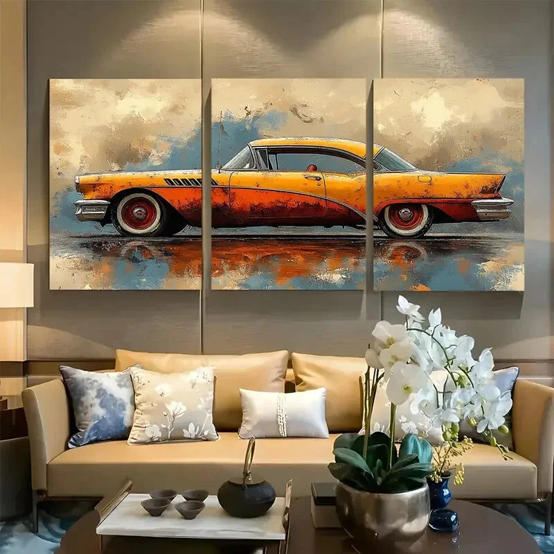 3pcs Classic Car with Water Reflection Metal Print Ready to Hang Art