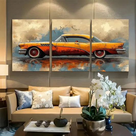 3pcs Classic Car with Water Reflection Metal Print Ready to Hang Art