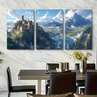 3pcs France Landscape with Castle & Waterfall Metal Print Ready to Hang Art