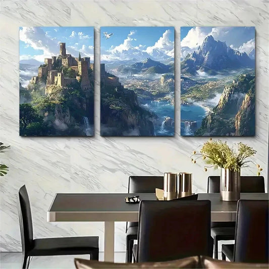 3pcs France Landscape with Castle & Waterfall Metal Print Ready to Hang Art