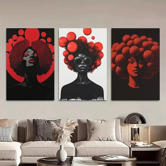 3pcs African Women Red and Black Abstract Metal Print Ready to Hang Art