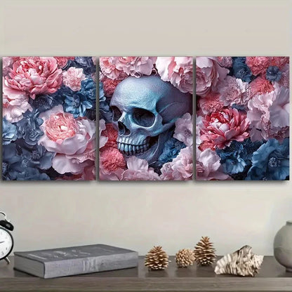3pcs Blue Flower Skull Floral Skeleton Metal Print Ready to Hang Art
