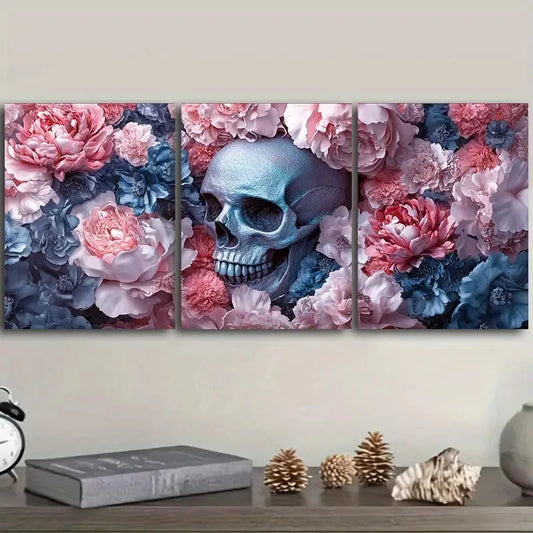 3pcs Blue Flower Skull Floral Skeleton Metal Print Ready to Hang Art